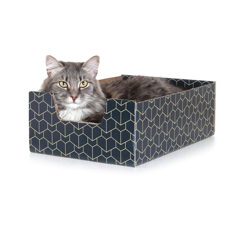 BrightSpot Solutions Purrfect Cat Box Modern Cat Box Lounger with Peek-a-Boo Cutout | Premium Corrugated Cardboard Cat Bed for Sleeping and Relaxation | Interactive Board Box for Indoor Kittens and Small Pets, Blue - Image 1